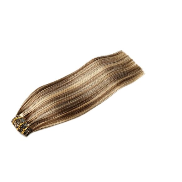 Clip in Human Hair Extensions 16 Inch Chocolate Brown & Caramel Blonde - Picture 7 of 7